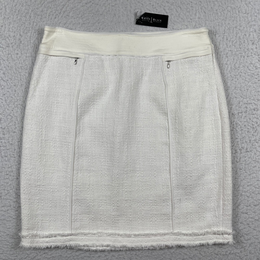 White House Black Market Tweed Pencil Skirt‎ Womens 8 White Fringe 50s Style